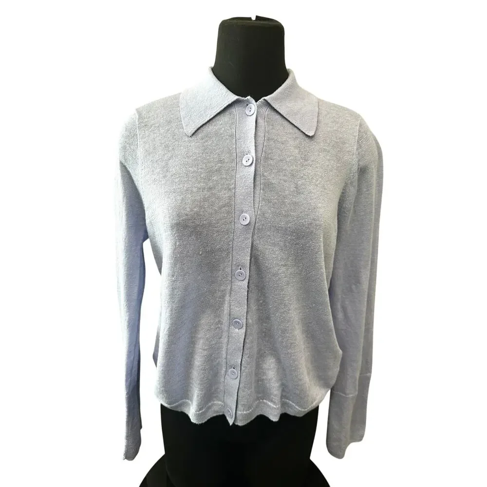 J.CREW 100% Linen Blue Collared Knit Cardigan Sweater Coastal Grandma | Medium - Picture 3 of 7